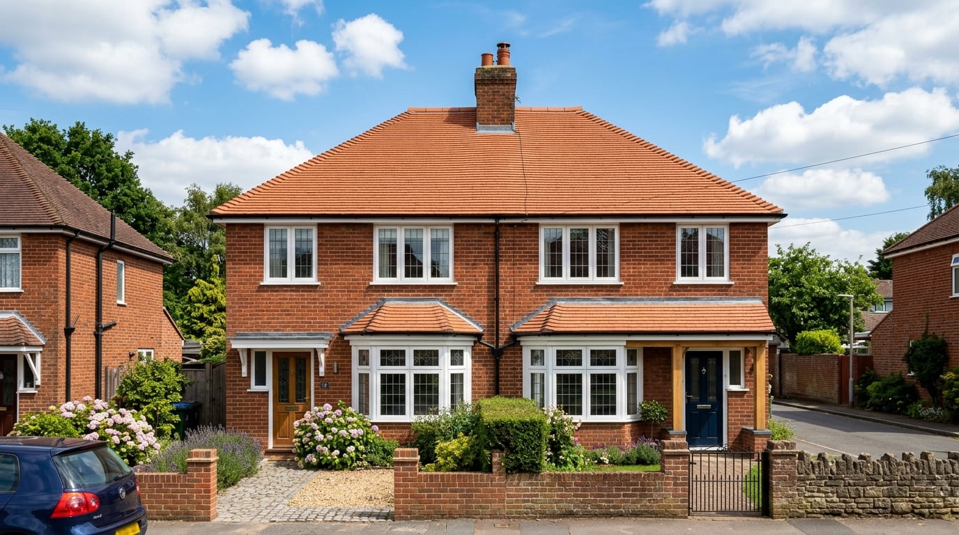 Newly installed pitched tiled roof on a UK brick house