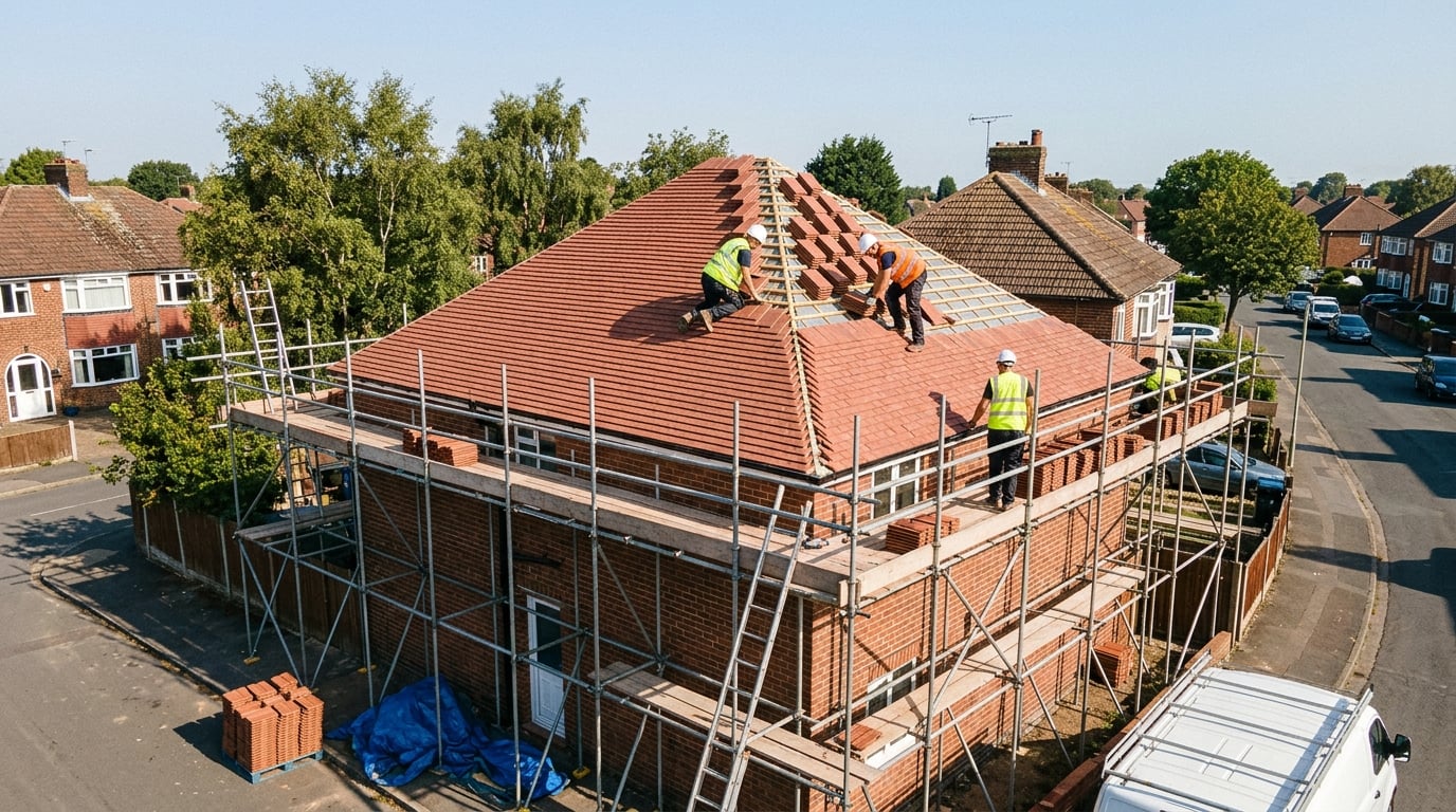 Professional roofers working on a residential roof with scaffolding