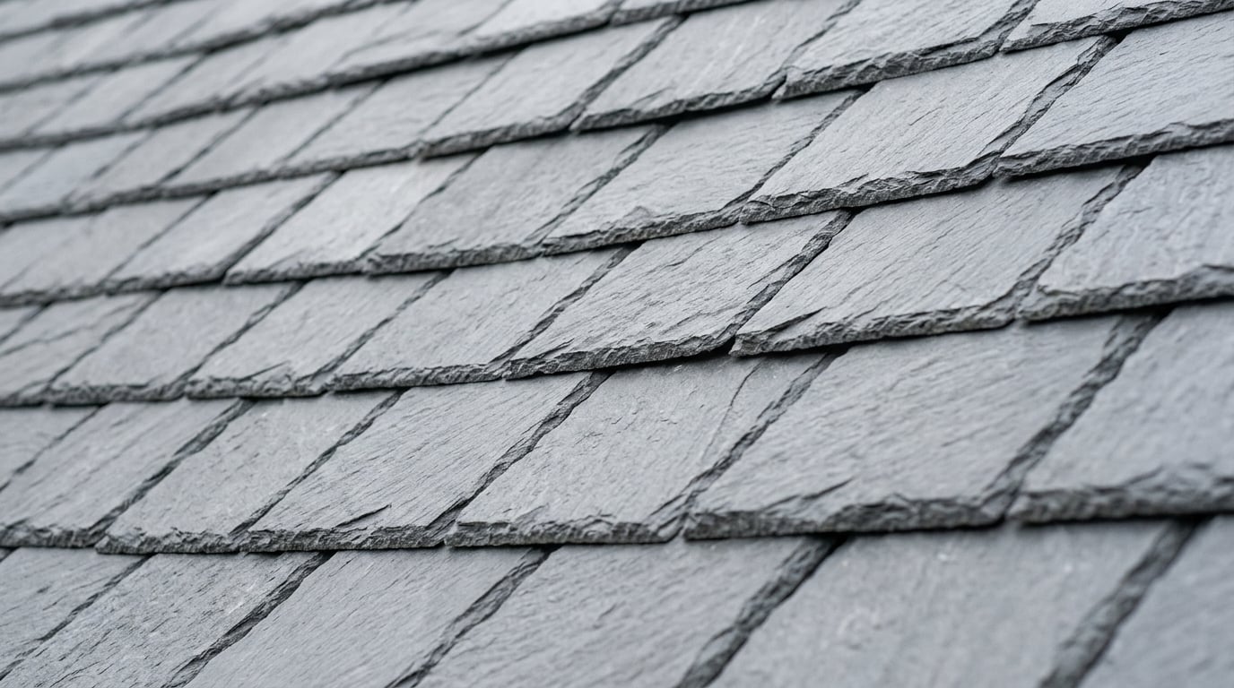 Close-up of freshly laid grey slate roof tiles