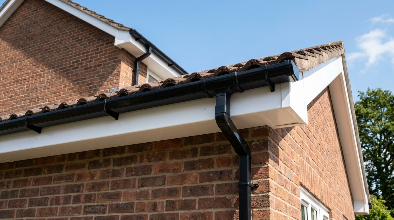 New black guttering and white fascia boards on a house