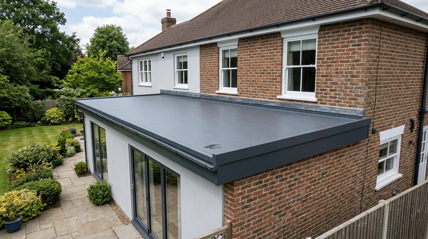 Finished modern flat GRP roof on a house extension