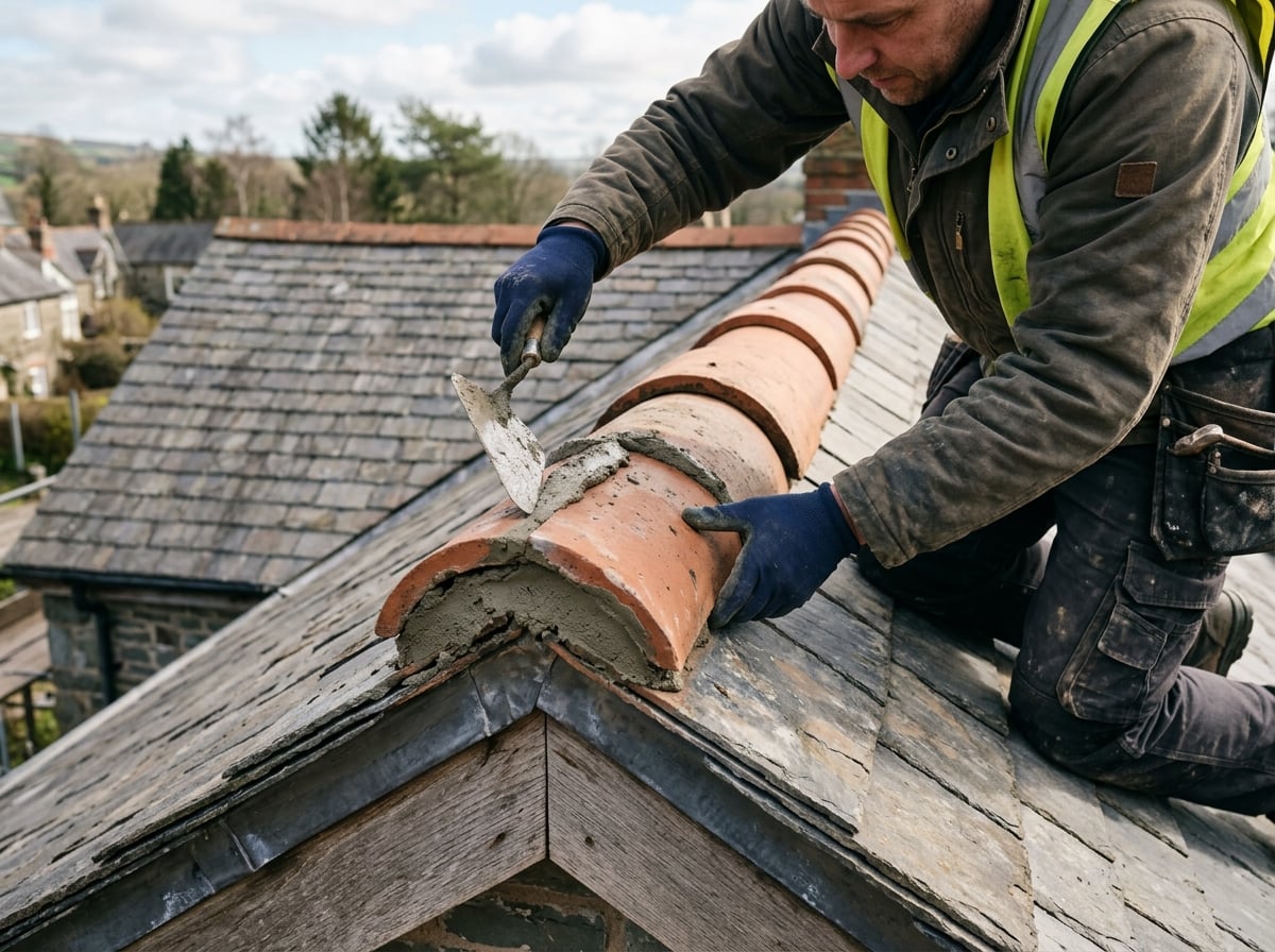 Roofer repointing ridge tiles along a roof apex